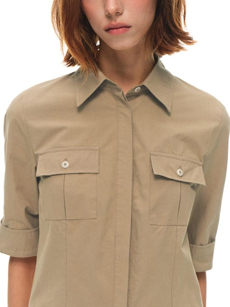 Country Moment Breathable Cotton Slim Fit Collared Half Sleeve Khaki Women Patch Pocket Shirts