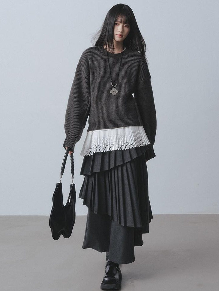 DDGIRL studio Warm Lined Asymmetrical Pleated High Waist Commuter Women Dark Gray Maxi Skirts