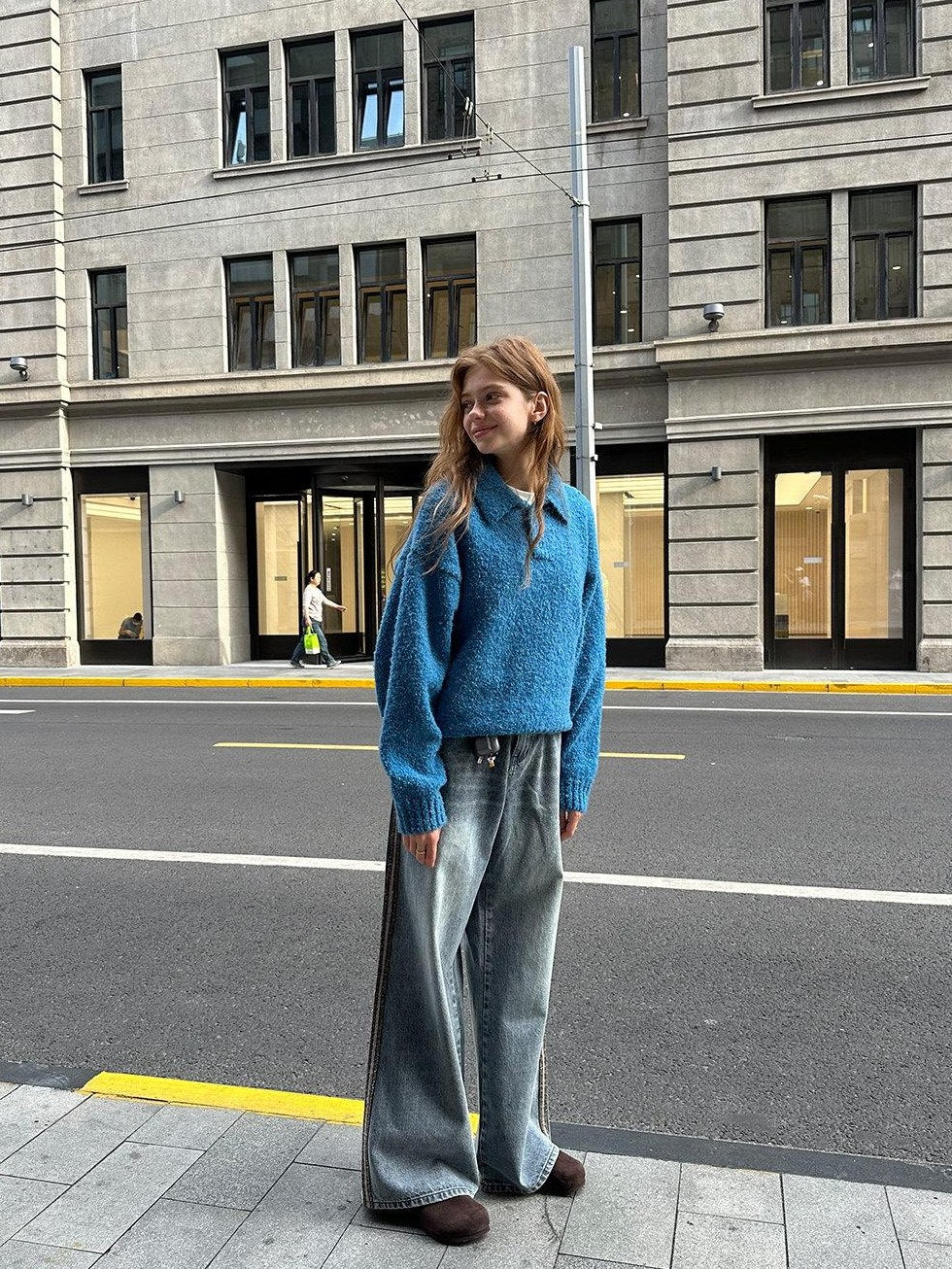 Country Moment Shape Retention Loose Fit Turn Down Collar Unisex Everyday Knit Sweaters