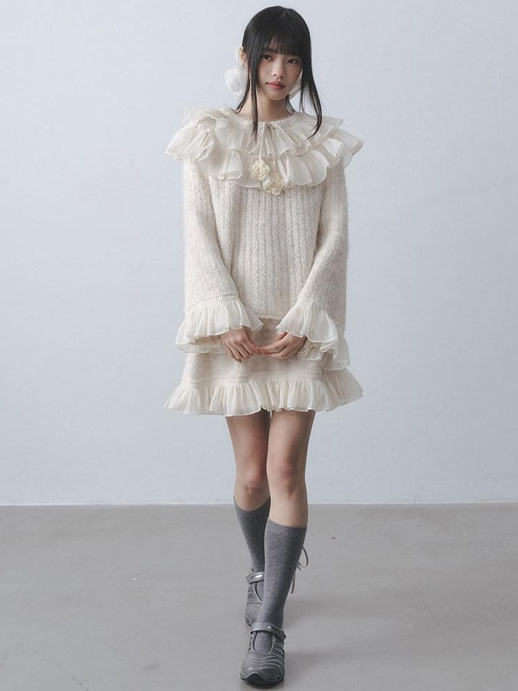 DDGIRL studio Warm Knitted Ruffle Pullover Loose Gentle Floral High Waist Top & Skirt Sets