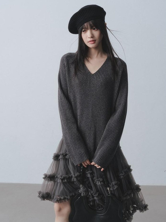 DDGIRL studio Warm 100 Percent Wool High Waist Mesh Splice A Line Sweater Midi Dresses
