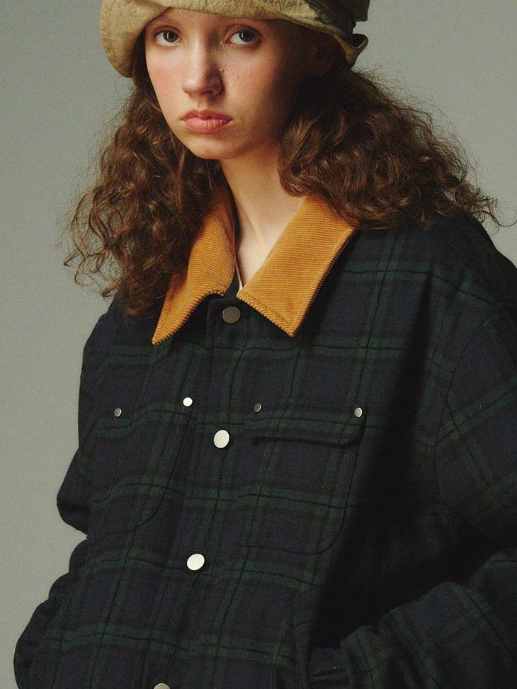 Country Moment Warm Insulated Loose Fit Plaid Cropped Teen Polyester Filled Puffer Jackets