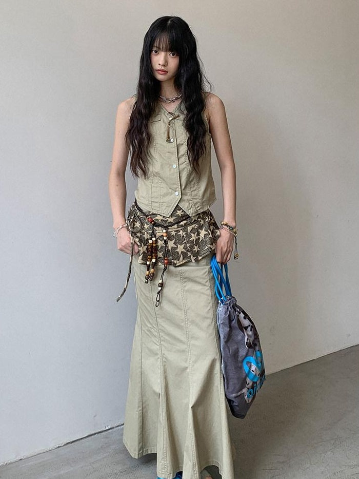 DDGIRL studio High Waist Cotton Fishtail Slim Casual Khaki Women Outdoor Maxi Skirts