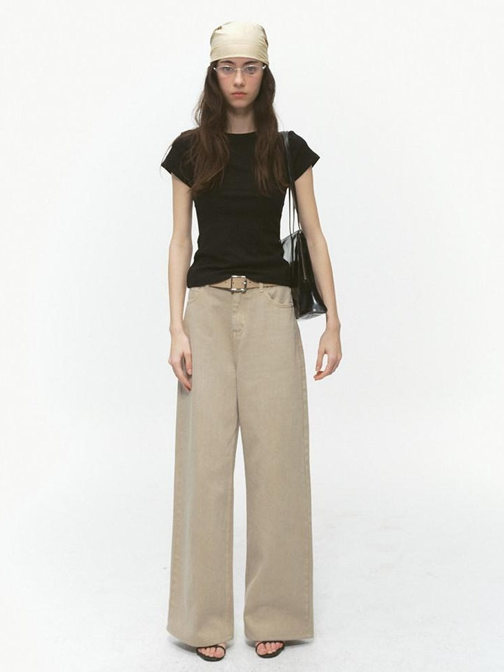 Country Moment Durable Washed Khaki Loose Natural Waist Casual Denim Wide Leg Jeans