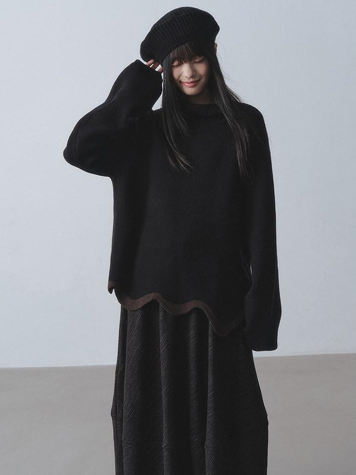 DDGIRL studio Warm Chunky Wave Pullover Oversized Commuter Mock Neck Women Black Sweaters