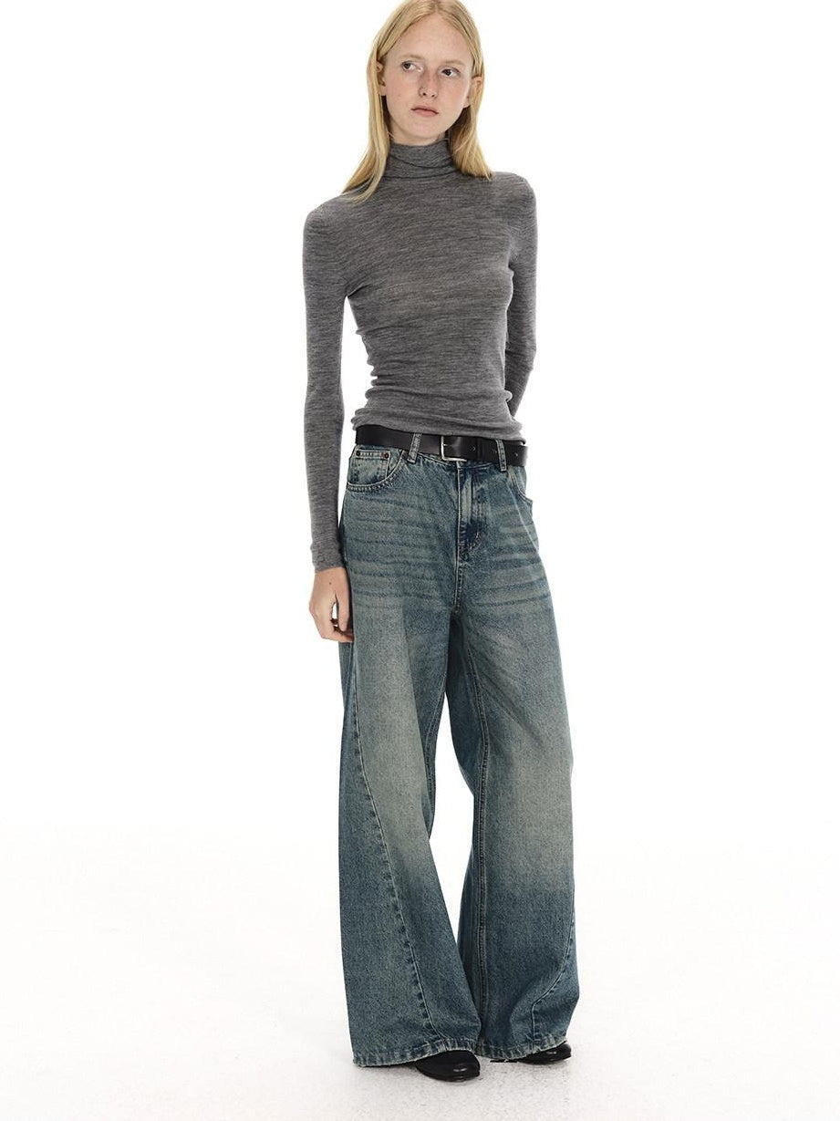Country Moment Breathable Washed Blue Gradient Vintage Mid Rise Button Fly Wide Leg Jeans