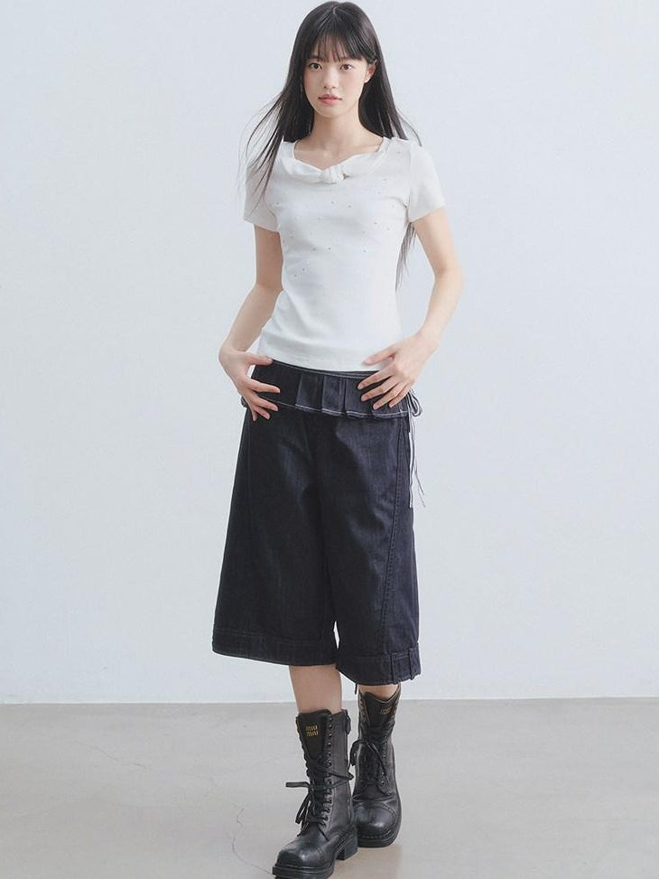DDGIRL studio Washed High Waisted Pleated Soft Non Stretch Navy Solid Durable Wide Leg Jeans