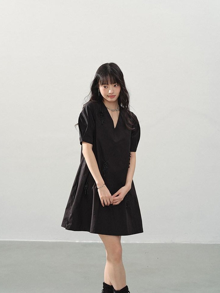 DDGIRL studio Beaded Soft Cotton A Line Puff Sleeve V-neck Back Zipper Black Mini Dresses
