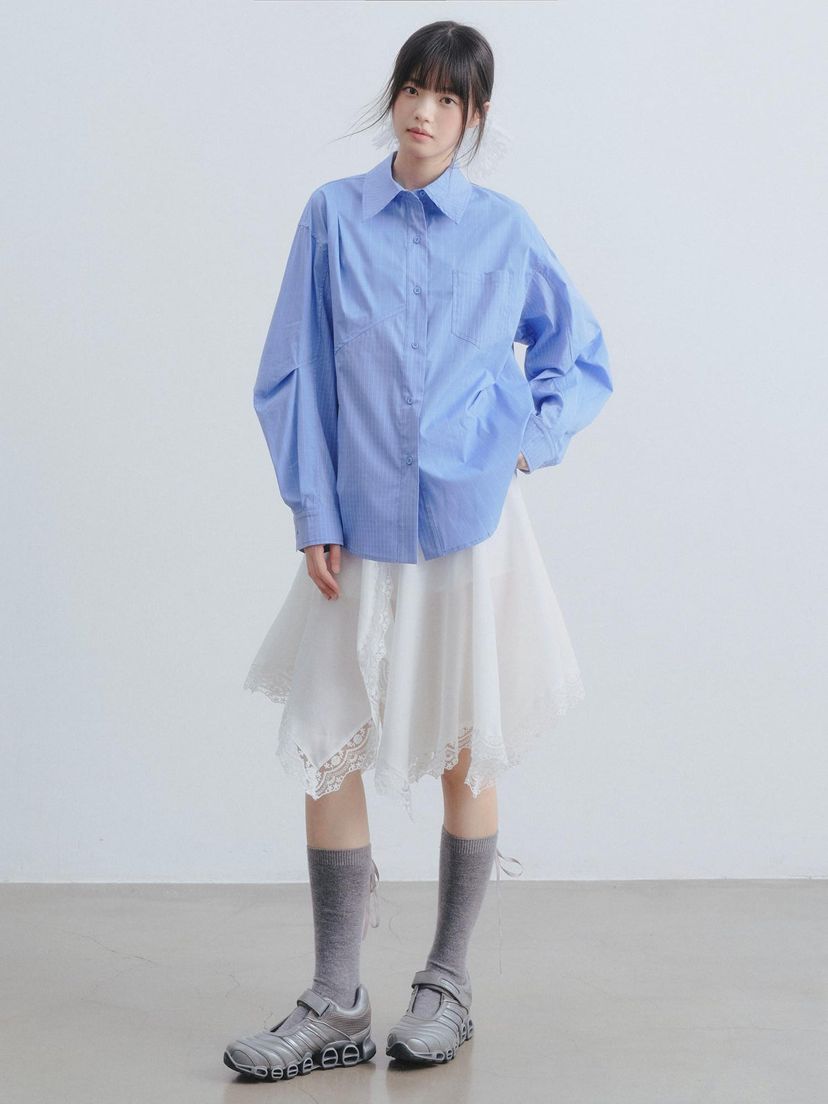 DDGIRL studio Breathable Cotton Blend Loose Patchwork Geometric Button Long Sleeve Shirts