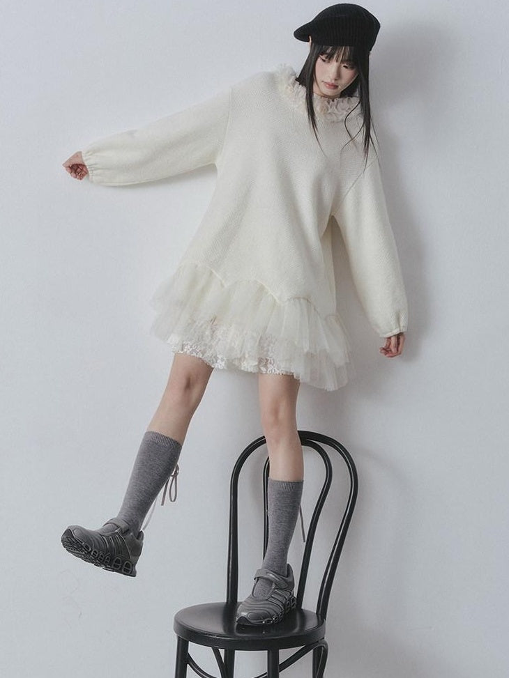 DDGIRL studio Sweet Soft Knit Tulle Panel A Line Long Sleeve Back Button Mini Dresses