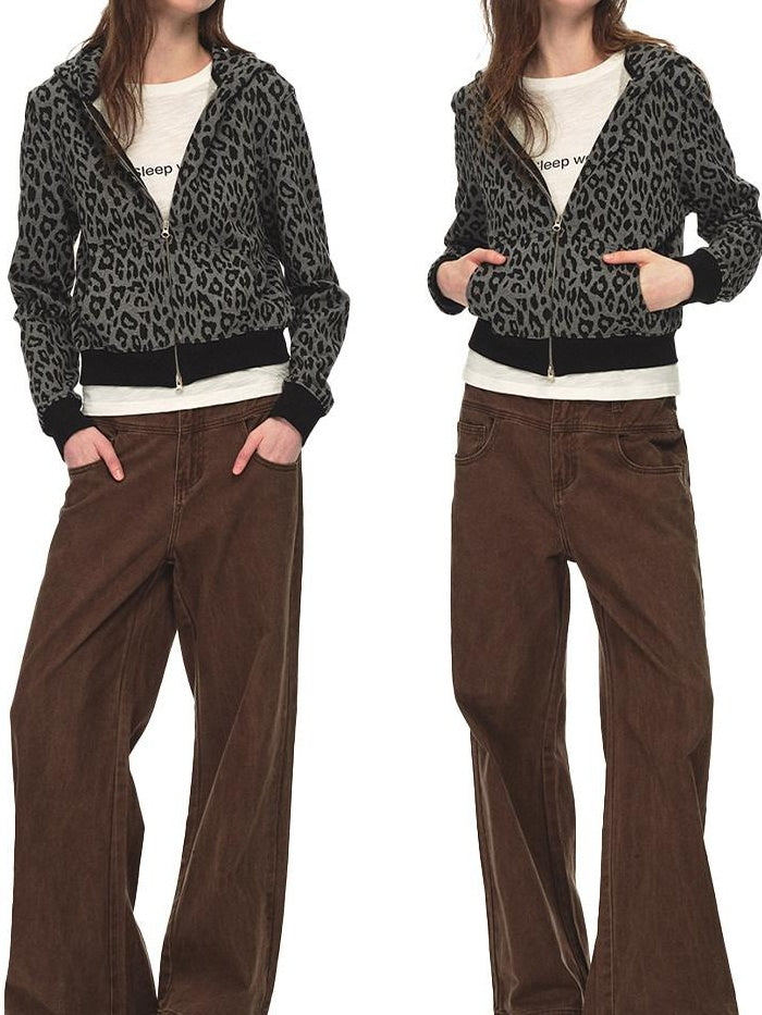 Country Moment 100% Cotton Loose Zip Crop Hooded Leopard Print Women Black Grey Hoodie