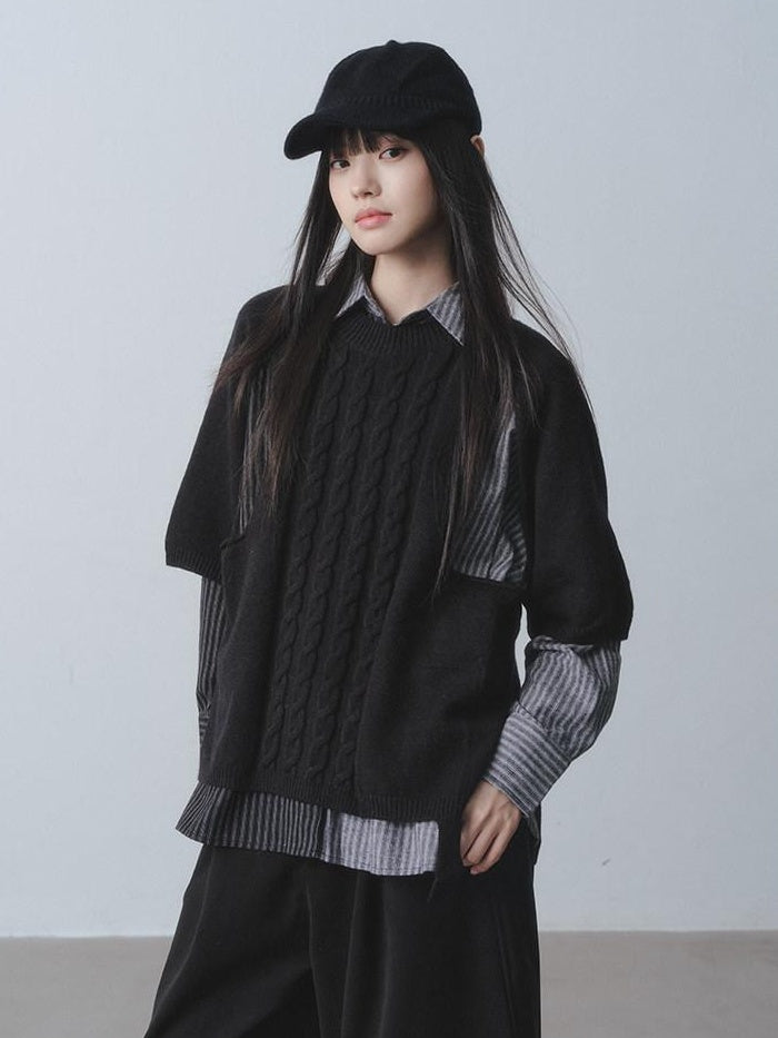 DDGIRL studio Warm Openwork Striped Knit Two Piece Loose Fit Collared Women Sweaters