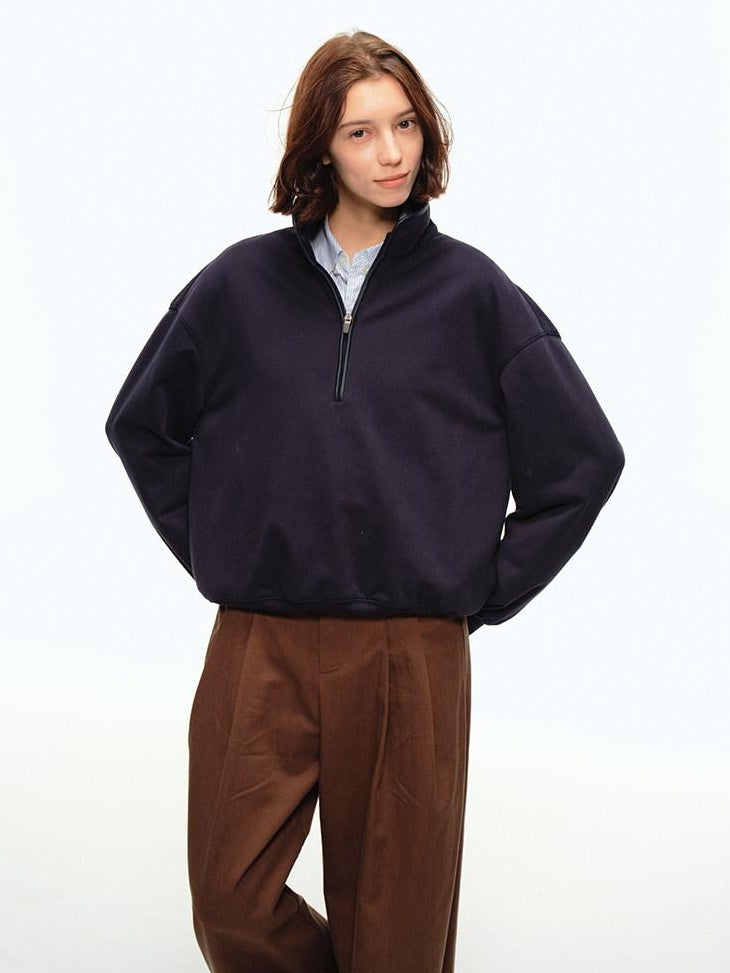 Country Moment Soft Cotton Blend Stand Collar Half Zip American Youth Casual Navy Sweatshirt