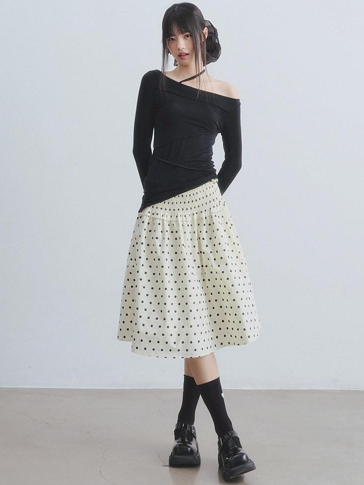 DDGIRL studio Durable Lined Pleated Aline Elastic Waist Women Cotton Beige Midi Skirts