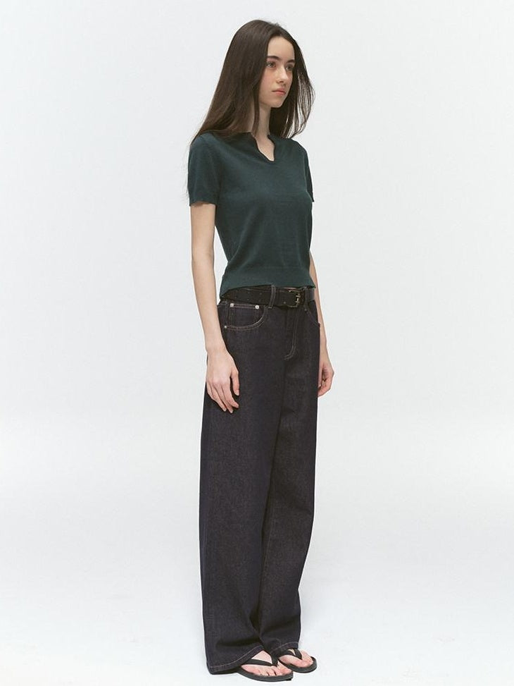 Country Moment Silk Wool Blend Patchwork V-neck Slim Fit Work Olive Brown Short Sleeve T-Shirts