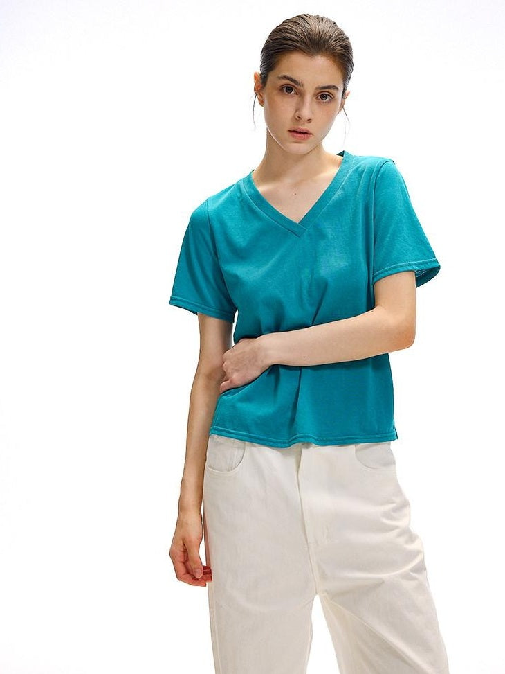 Country Moment Moisture Wicking Street Straight V-neck Cotton Blend White Short Sleeve T-Shirts