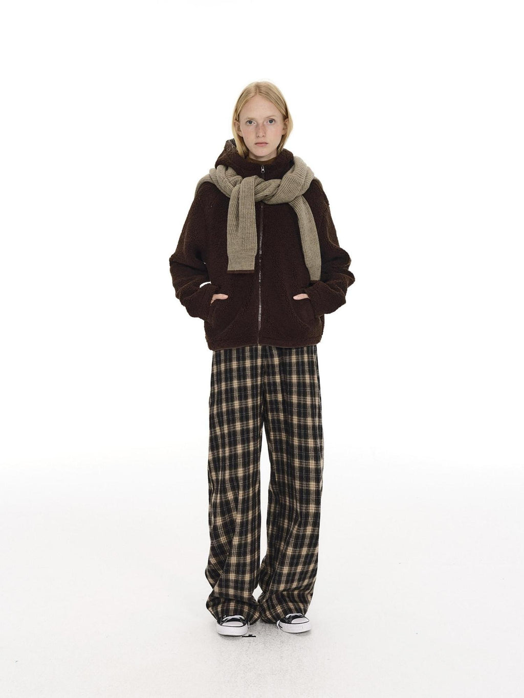 Country Moment 100% Cotton Vintage Wide Leg Black Brown Plaid Natural Waist Straight Pants