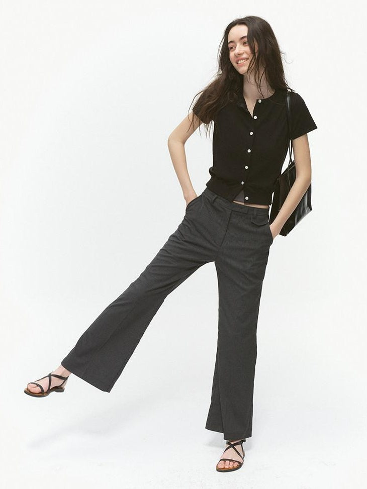 Country Moment Office Slim Mid Rise Tailored Dark Gray Striped Flared Pants