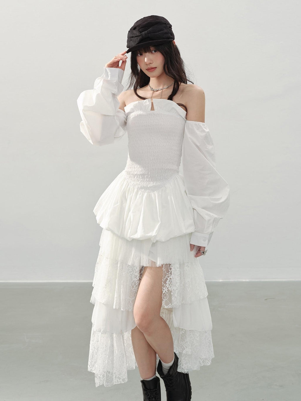 DDGIRL studio Soft Cotton Princess Off Shoulder Fitted Waist Long Sleeve White Blouses