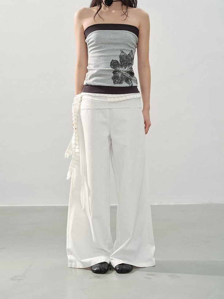 DDGIRL studio High Waist Shape Retaining Casual Lace Trim Solid White Women Wide Leg Pants