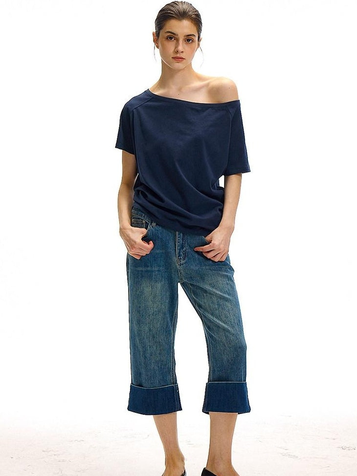 Country Moment High Waist Washed Stretch Straight Leg Denim Blue Mid-Length Shorts