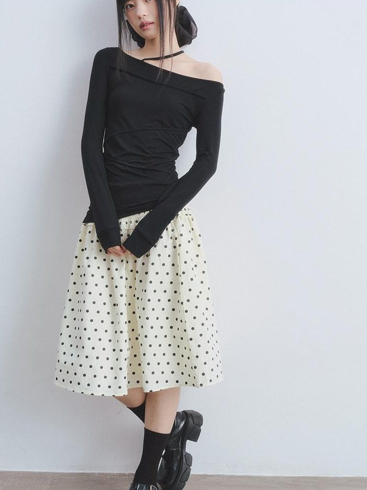 DDGIRL studio Durable Lined Pleated Aline Elastic Waist Women Cotton Beige Midi Skirts
