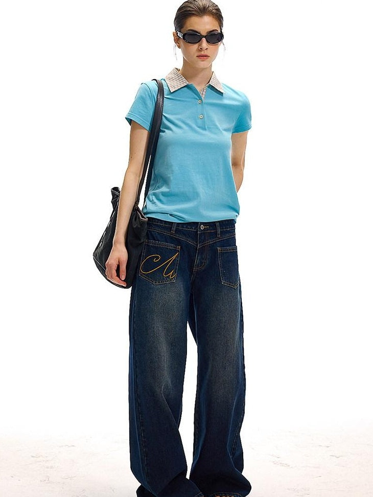 Country Moment High Waist Washed Denim Casual Loose Fit Zipper Fly Wide Leg Jeans
