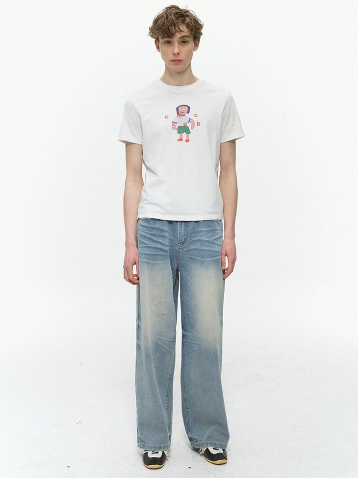 Country Moment Durable Vintage Icy Blue Gradient Mid Rise Whisker Loose Denim Wide Leg Jeans