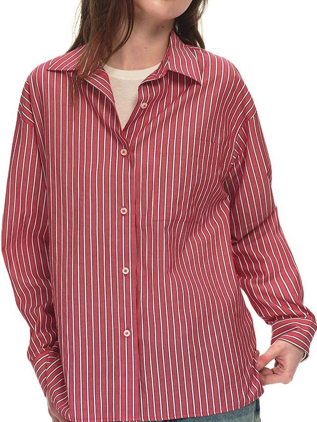 Country Moment 100% Cotton Vintage Oversized Red Stripe Button Long Sleeve Women Shirts
