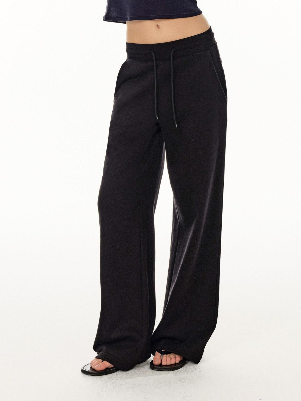Country Moment Durable Cotton Mid Rise Straight Elastic Youth Casual Black Gray Wide Leg Pants