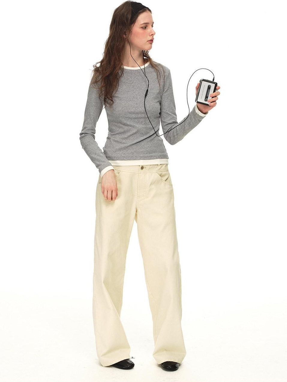 Country Moment Stretch Cotton Layered Slim Fit Casual Women Crewneck Gray Long Sleeve T-Shirts