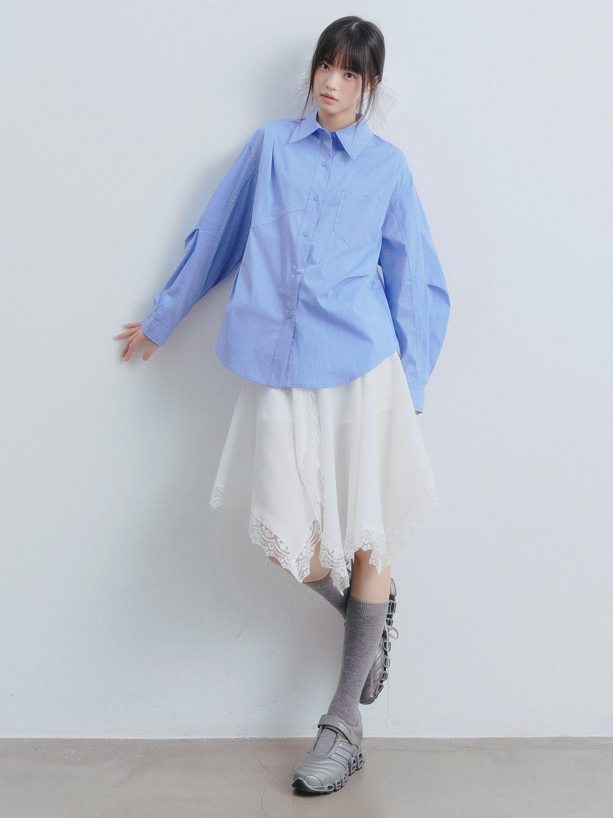 DDGIRL studio Breathable Cotton Blend Loose Patchwork Geometric Button Long Sleeve Shirts