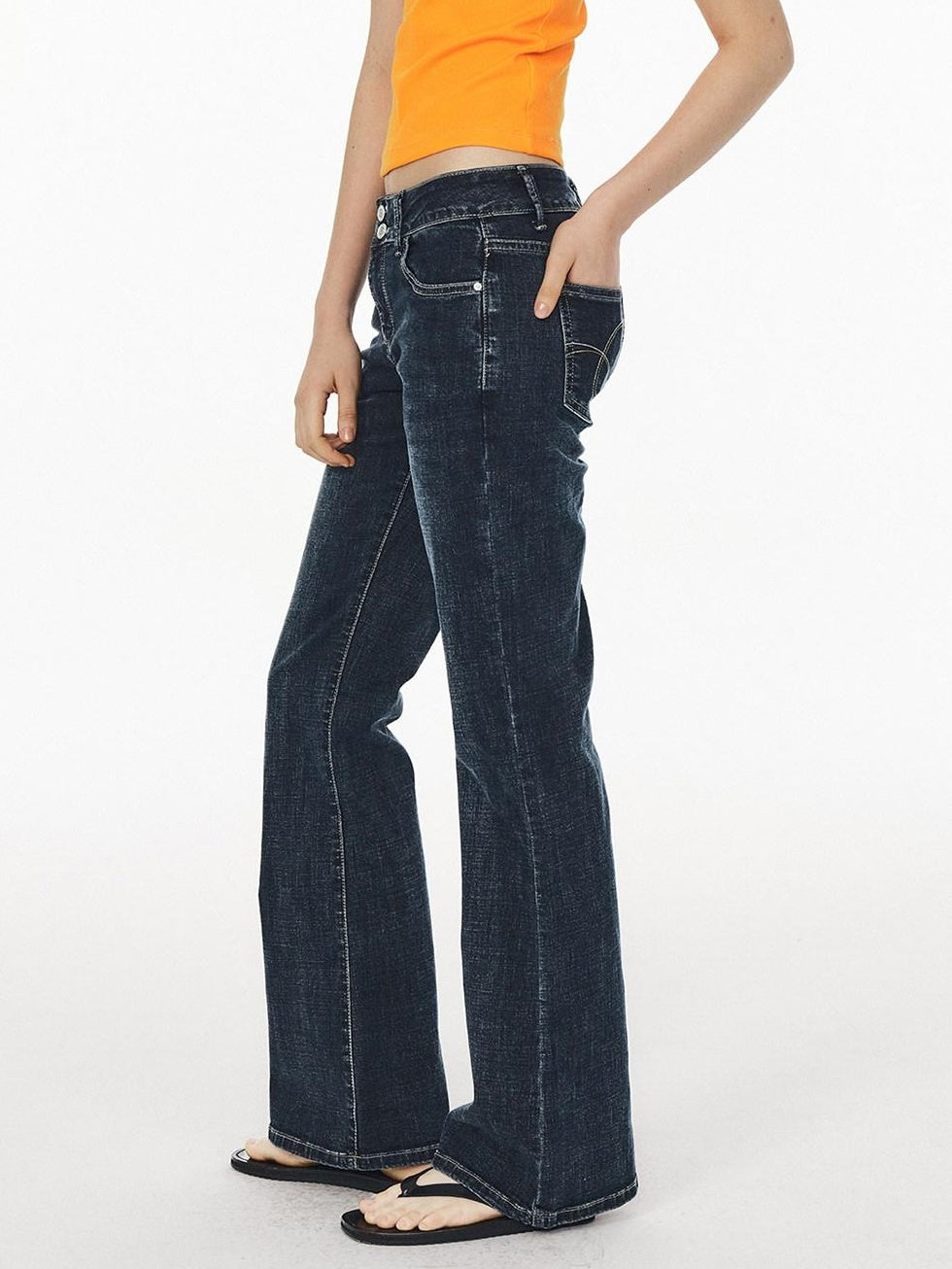 Country Moment Breathable Slimming Low Waist Slim Fit Button Fly Dark Blue Flared Jeans