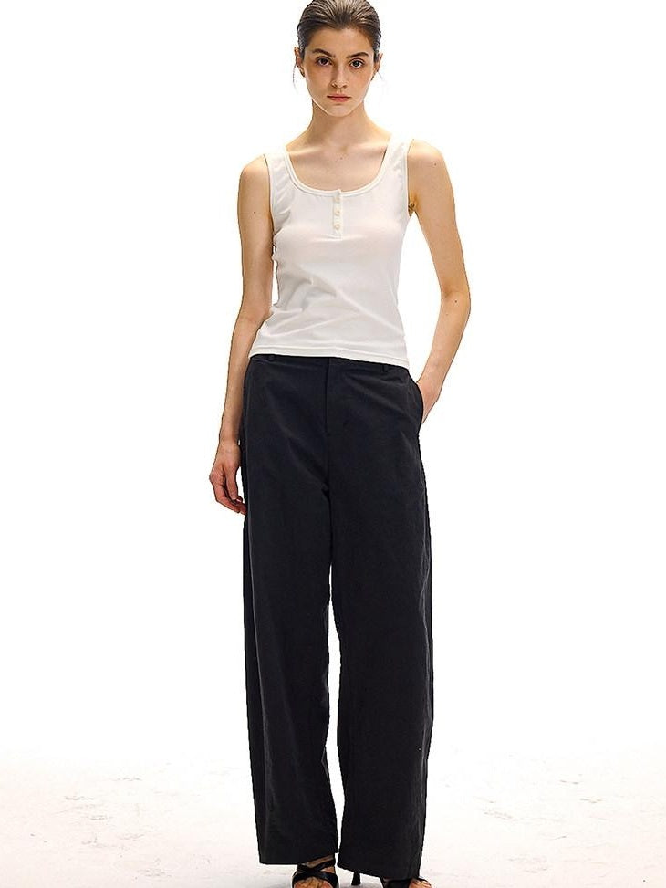 Country Moment Versatile Simple Mid Rise Cotton Stretch Straight Relaxed Black Wide Leg Pants