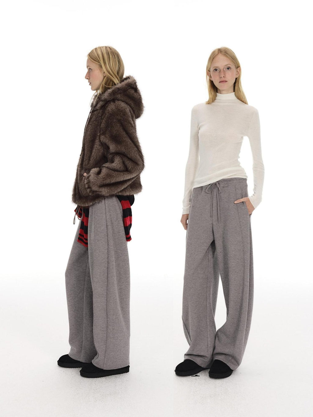 Country Moment Warm Wool Lined Pleated Drawstring Loose Fit Gray Straight Sweatpants