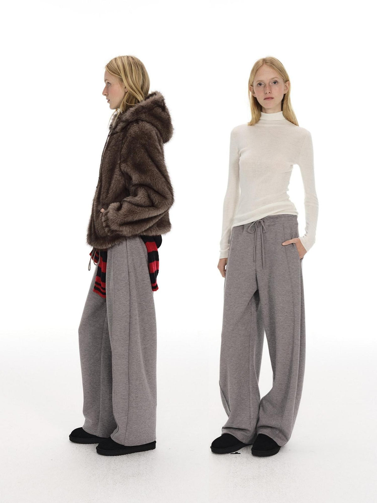 Country Moment Warm Wool Lined Pleated Drawstring Loose Fit Gray Straight Sweatpants