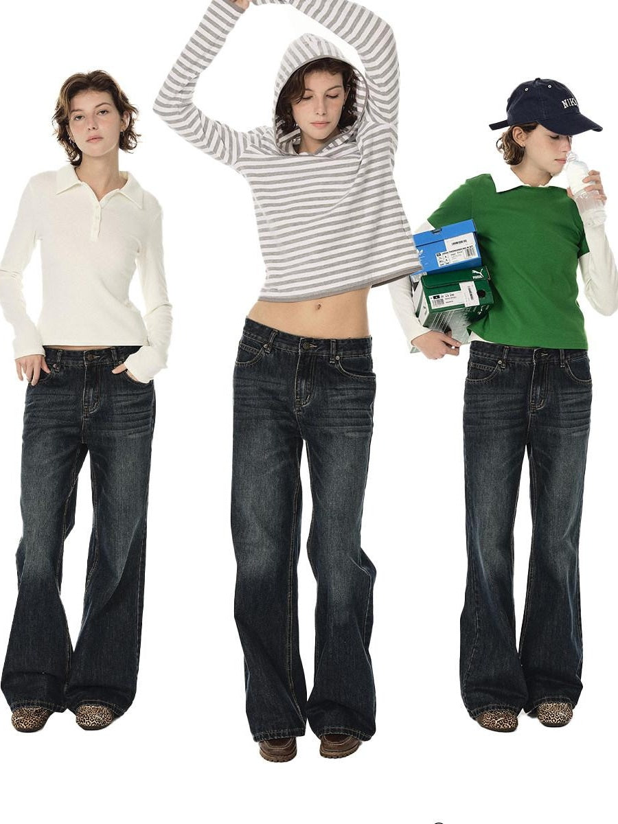 Country Moment Soft Cotton Blend Mid Rise Micro Flare Casual Deep Indigo Straight Leg Jeans