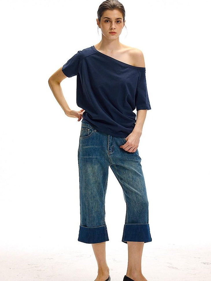 Country Moment High Waist Washed Stretch Straight Leg Denim Blue Mid-Length Shorts