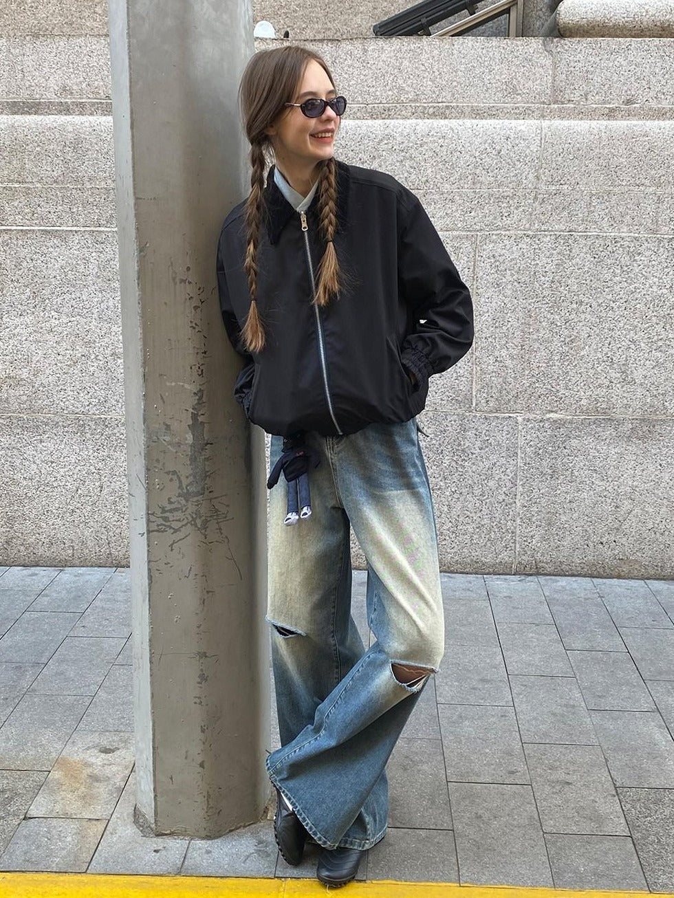Country Moment Dark Green Polyester Loose Fit Lapel Zip Long Sleeve Teen Daily Cropped Jackets