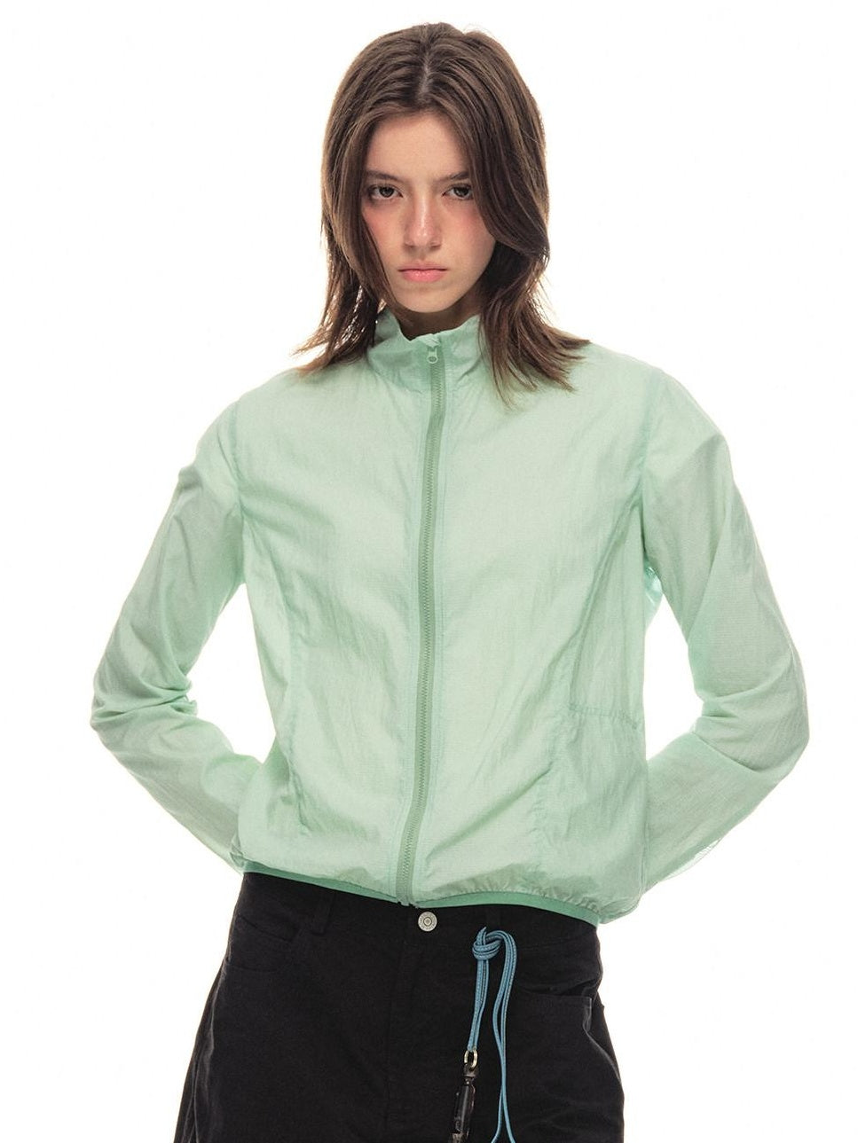 Country Moment Upf50 Packable Nylon Drawstring Hem Women Zip Shirt Green Shirts & Blouses