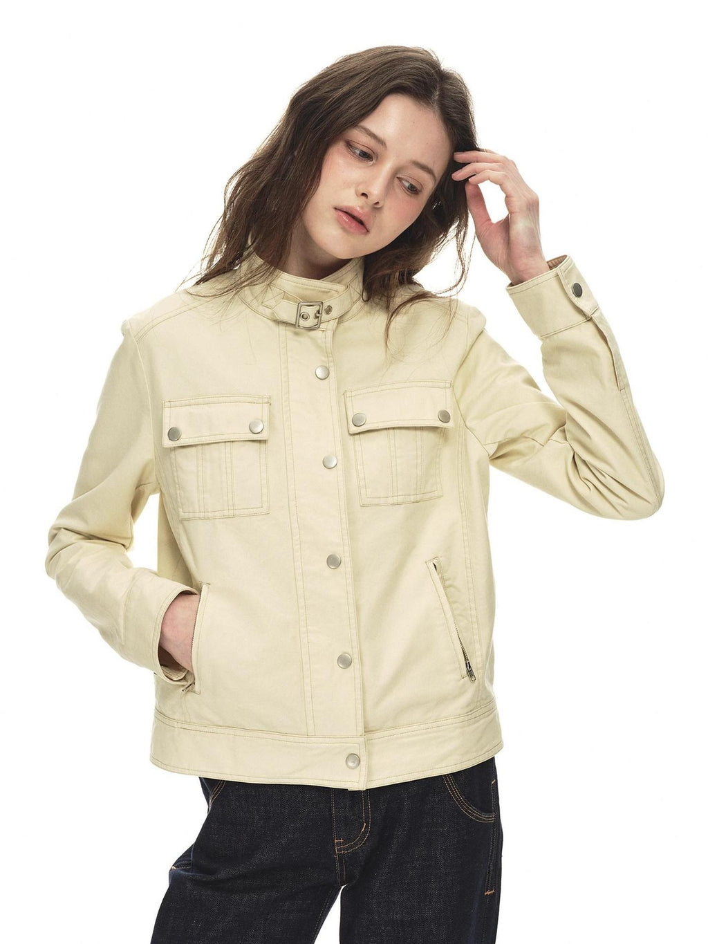 Country Moment Durable Cotton Button Loose Fit Vintage Stand Collar Women Cropped Jackets