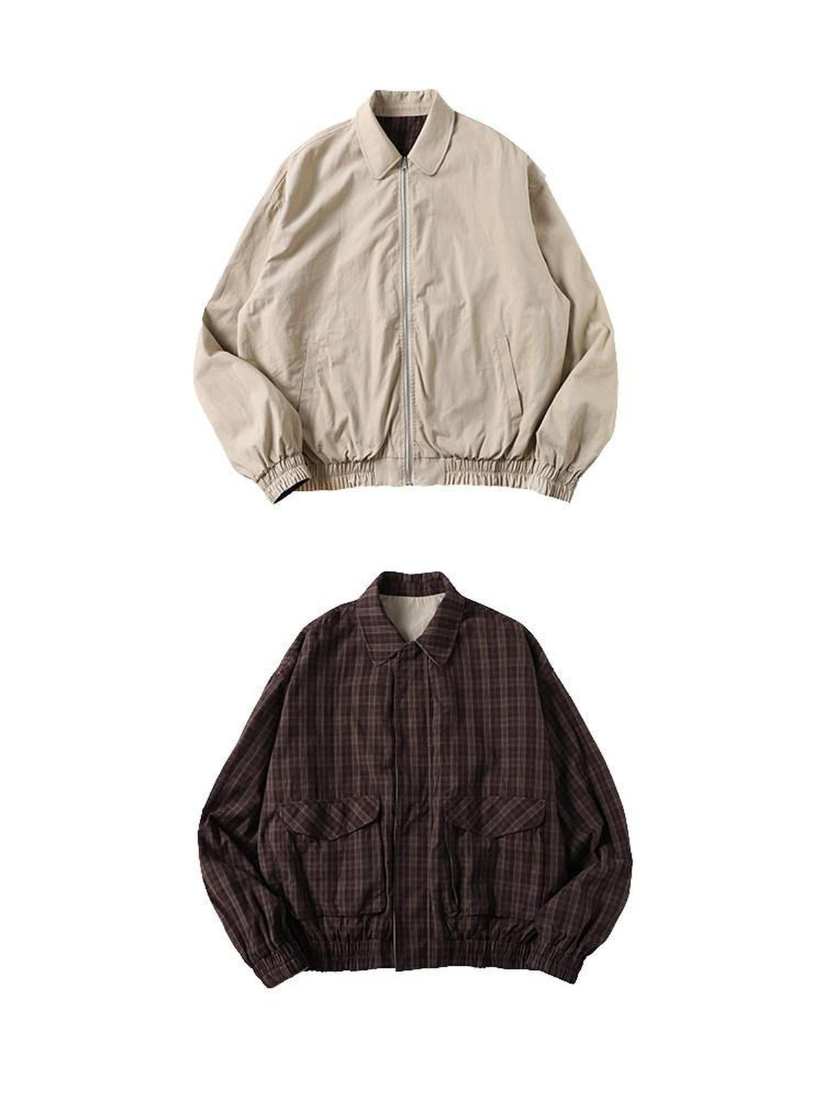 Country Moment Cotton Loose Fit Zip Lapel Short Youth Unisex Khaki Plaid Cropped Jackets