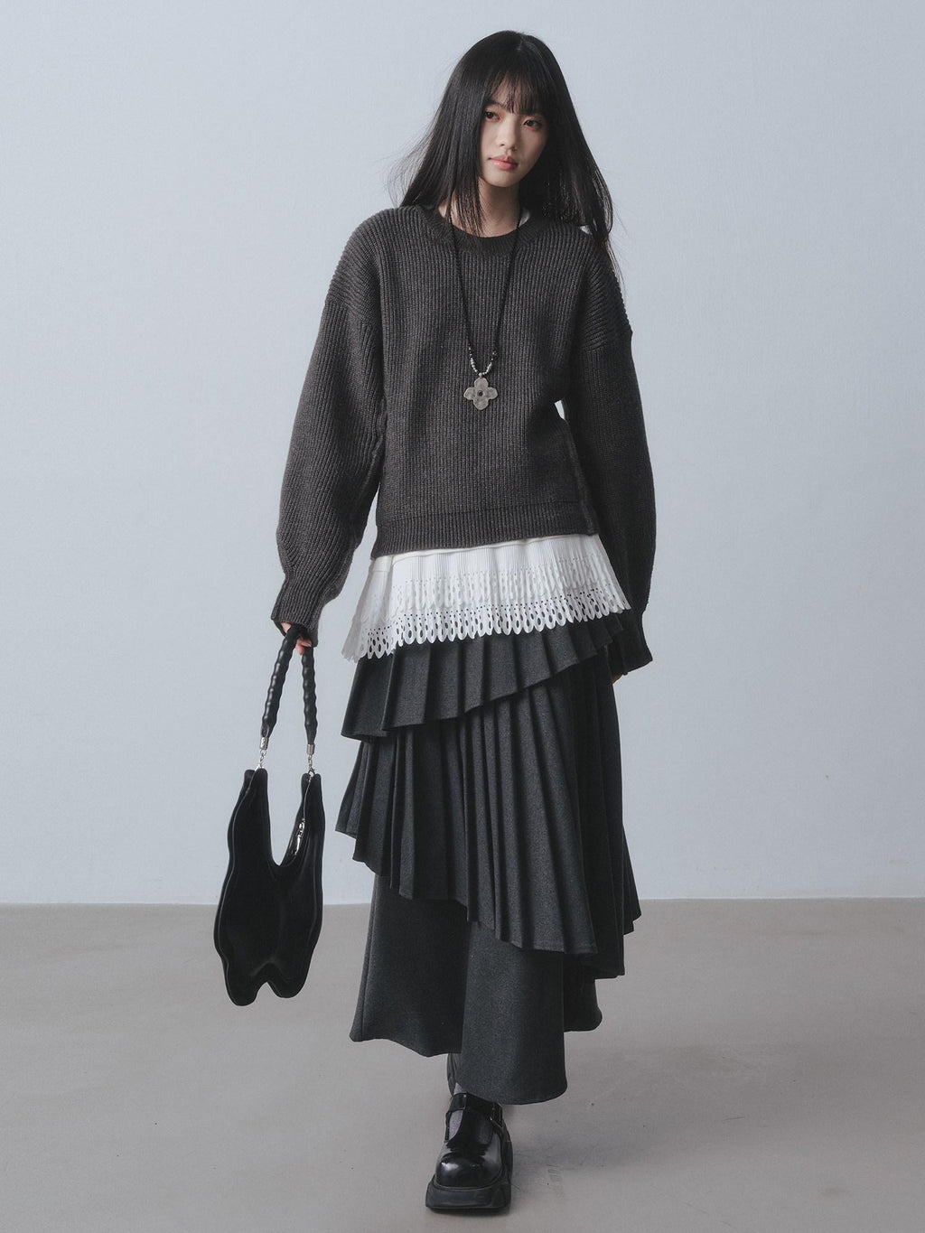 DDGIRL studio Warm Lined Asymmetrical Pleated High Waist Commuter Women Dark Gray Maxi Skirts