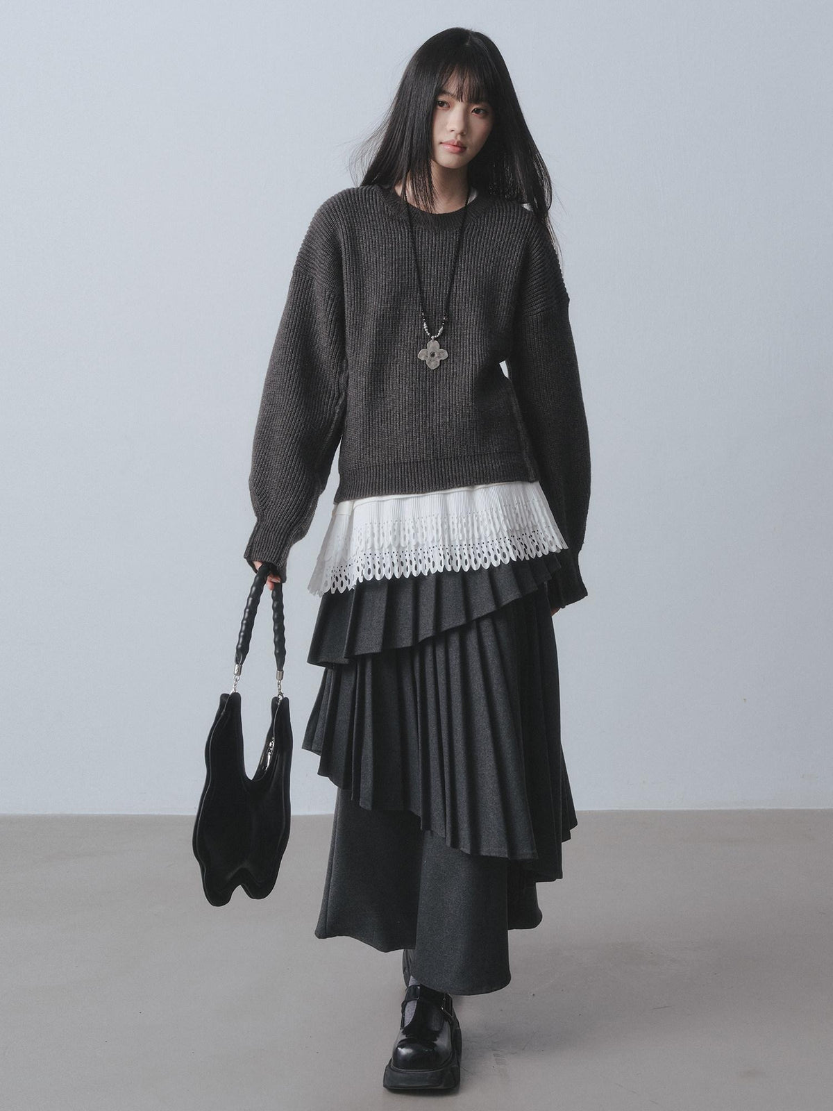 DDGIRL studio Warm Lined Asymmetrical Pleated High Waist Commuter Women Dark Gray Maxi Skirts