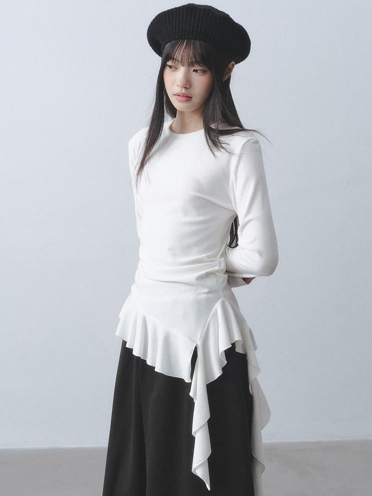DDGIRL studio Soft Stretch Ruffle Asymmetric Slim Waist Women White Long Sleeve T-Shirts