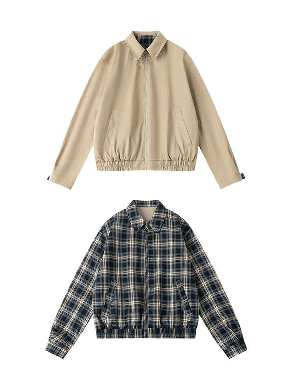 Country Moment Reversible Windproof Loose Fit Khaki Plaid Ribbed Hem Unisex Cropped Jackets
