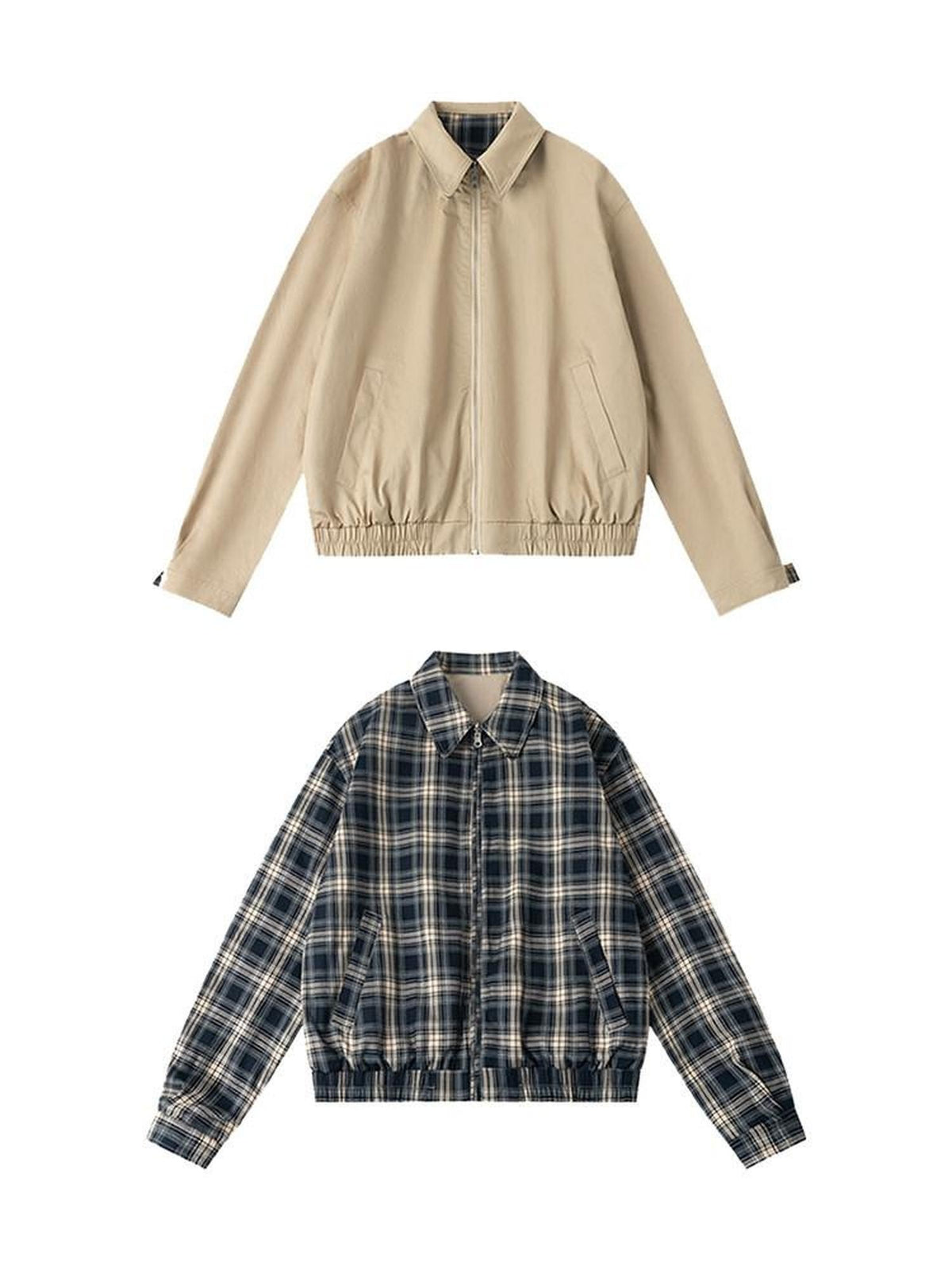Country Moment Reversible Windproof Loose Fit Khaki Plaid Ribbed Hem Unisex Cropped Jackets