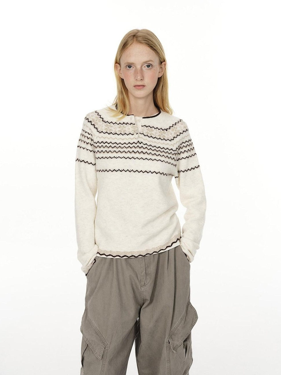 Country Moment Jacquard Henley Button Pullover Slim Fit Youth Wool Blend Striped Sweaters