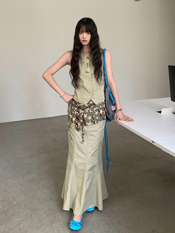 DDGIRL studio High Waist Cotton Fishtail Slim Casual Khaki Women Outdoor Maxi Skirts