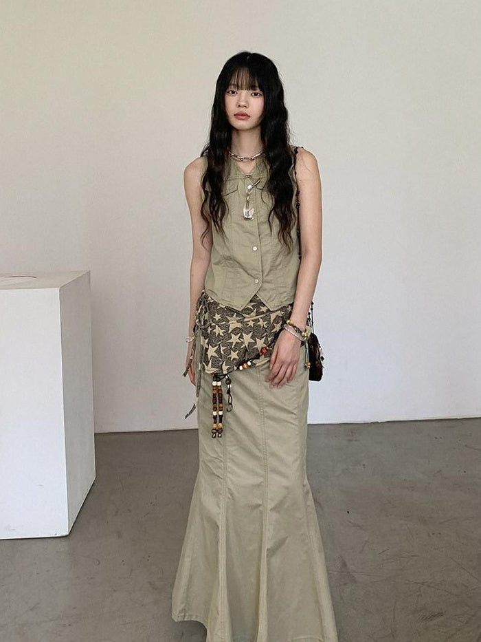 DDGIRL studio High Waist Cotton Fishtail Slim Casual Khaki Women Outdoor Maxi Skirts